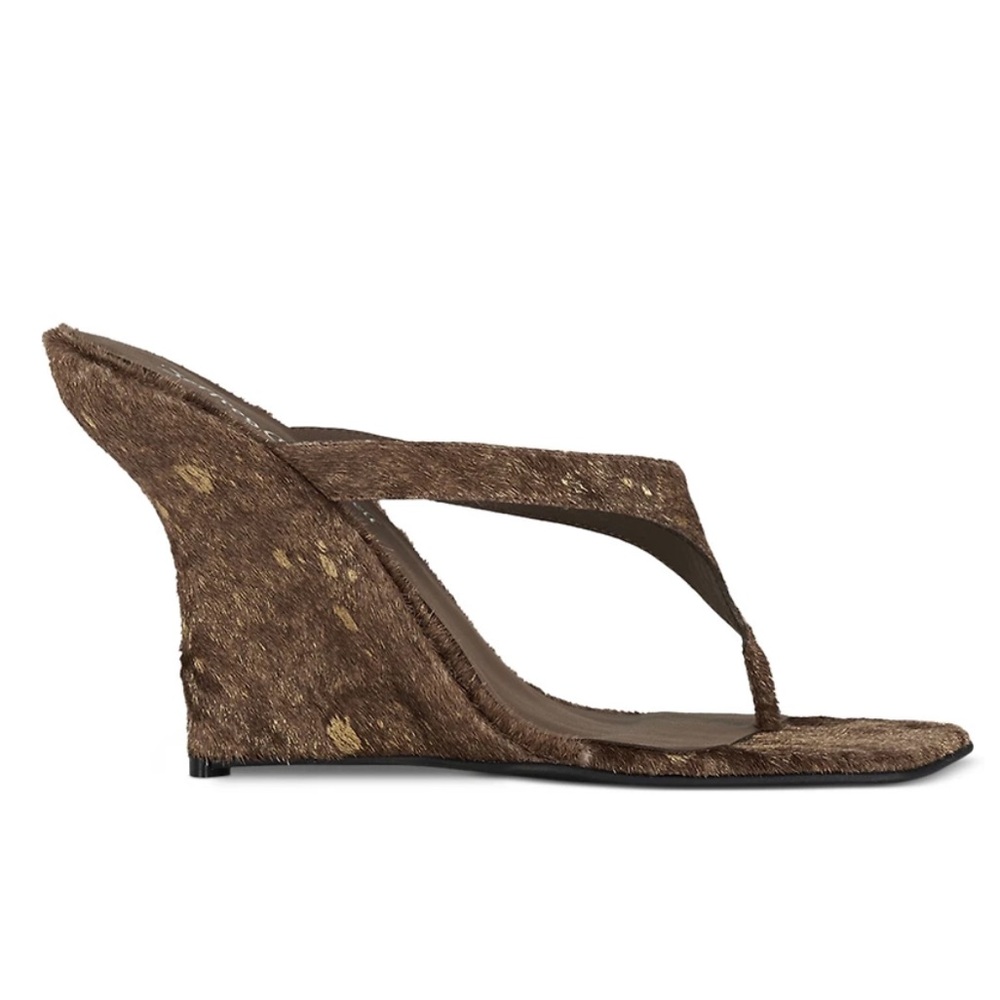 JEFFREY CAMPBELL ROMEE F CALF HAIR SCULPTED WEDGE SANDALS BROWN GOLD SPOT *NIB* - Picture 9 of 15